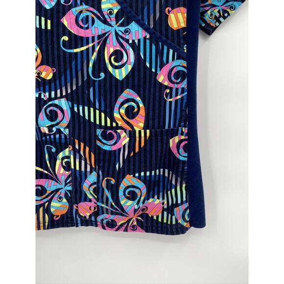 Cherokee Womens Printed Stretch Mock Wrap Knit Panel Scrub Top Navy Blue Size S - Picture 2 of 7